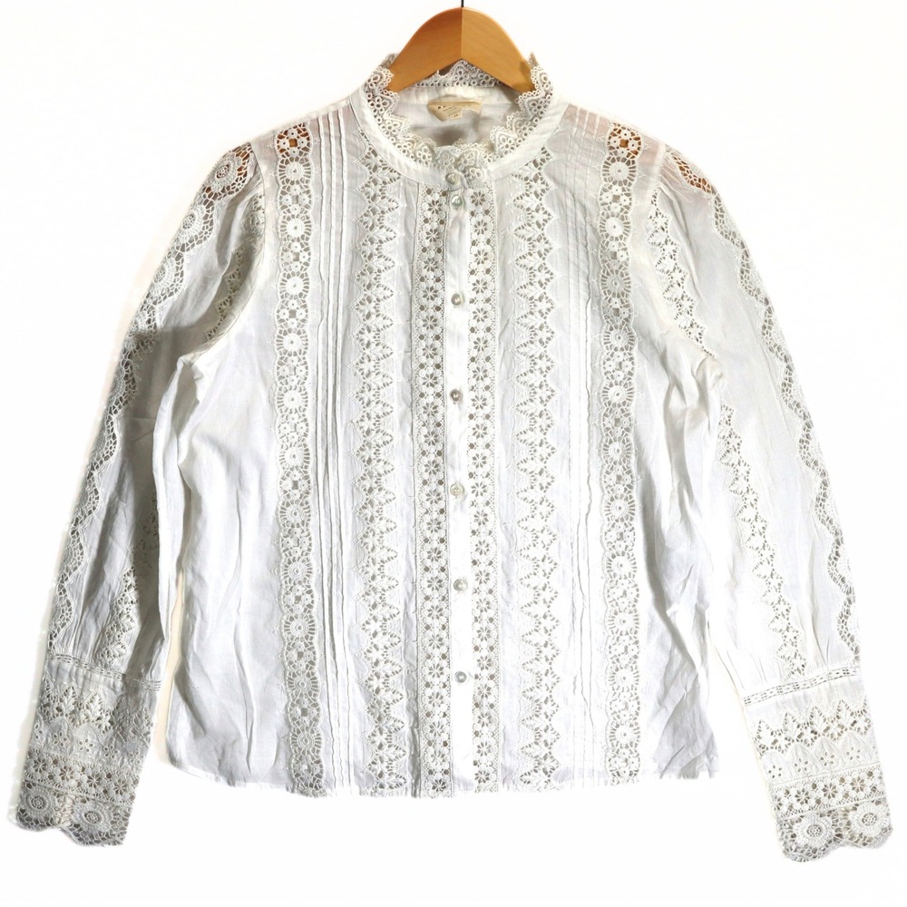 Sezane Blouse Women 38 White Victorian Lace Pintuck Organic Cotton Top Romantic